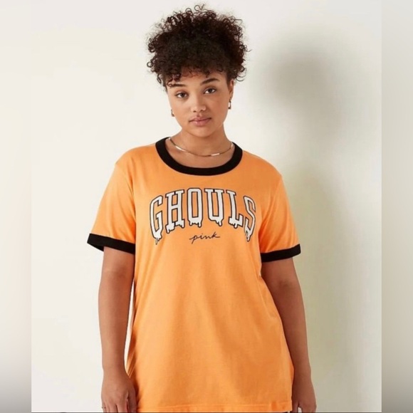 VS PINK SHORT SLEEVE RINGER CAMPUS TEE SHIRT ORANGE GLOW IN THE DARK GHOULS NWOT - Picture 1 of 2